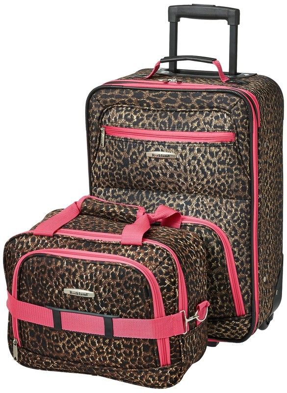 Pink Leopard 2 Piece Set Expandable Luggage Suitcase with Tote Bag