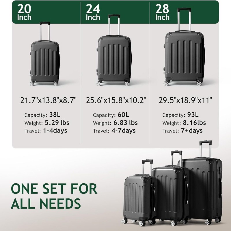 3-Piece Hardshell Luggage Sets with Spinner Wheels TSA Lock Black (20"/24"/28") gallery