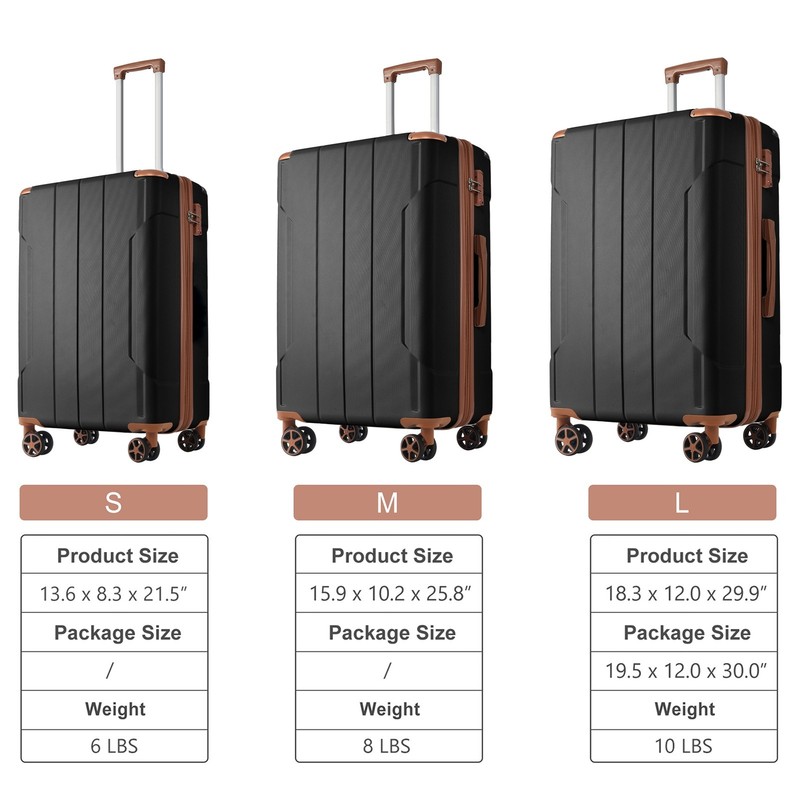 3pc Expandable ABS Hard Shell Spinner Luggage Set w/ TSA Locks, Black Brown gallery