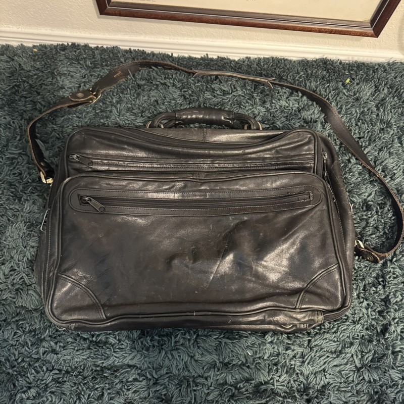 Vintage Multi pocket leather Briefcase with patina, distressing, metal hardware