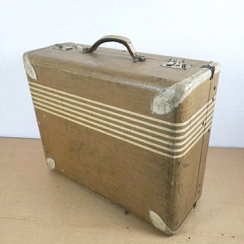 Vintage Hard Shell Tweed Striped Suitcase Brass Fittings 1930s 40s 21″×17″×8″