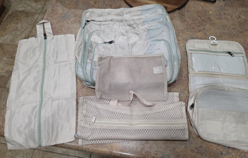 OlarHike 9 Piece Travel Packing Organizer Accessory Bags Set Beige Mesh Zipper