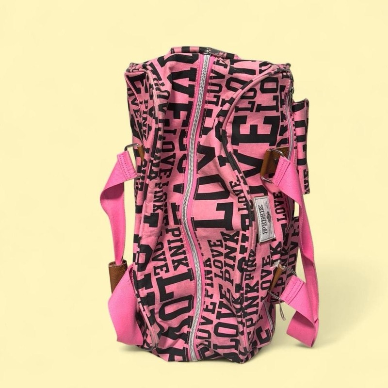Victoria's Secret PINK Rolling Duffle Bag Canvas Pink Black Text Print Y2K Rare gallery
