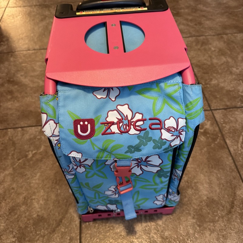 zuca Sport Pink Frame Blue Floral Insert Upright rolling wheel school suitcase