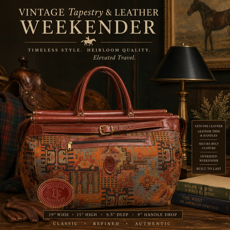Vintage Southwestern Tapestry Carpet Bag Leather Trim Weekender Tote Satchel