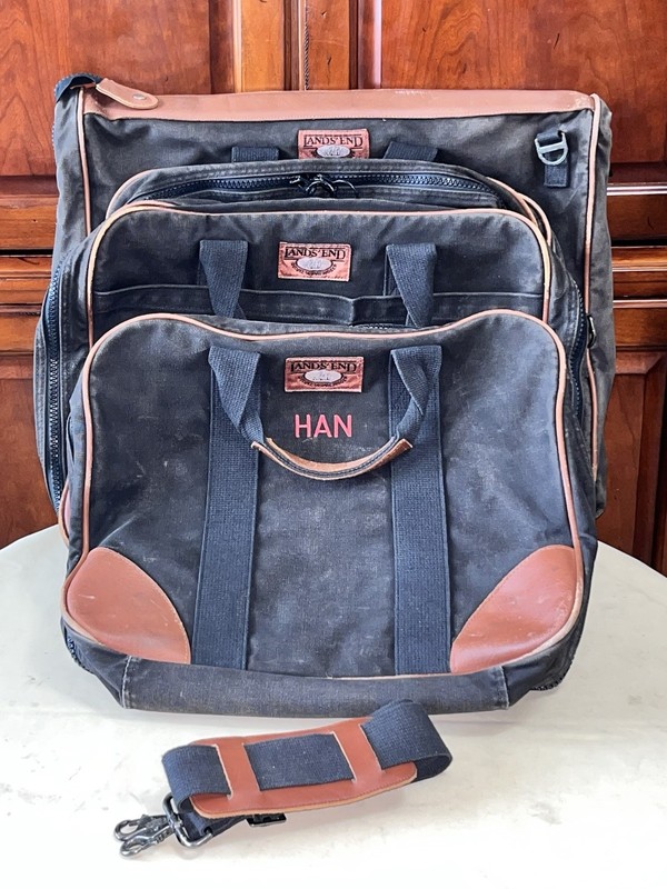 Lands End Deluxe Square Rigger Black Canvas Leather 3pc Luggage Set 90s Vintage