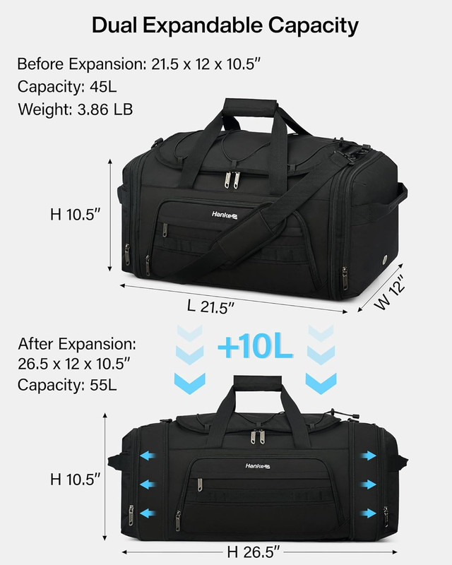 Duffle Bag for Travel, Dual Expandable 45L-55L Carry on Duffel, 3 in 1 Weekender gallery
