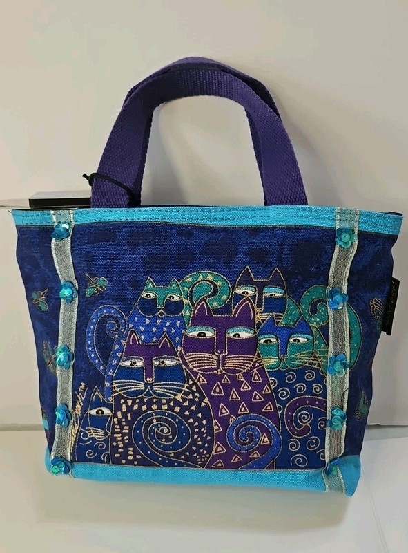 Indigo Cats Laurel Burch Small Canvas Purse Tote Handbag Blue NWT