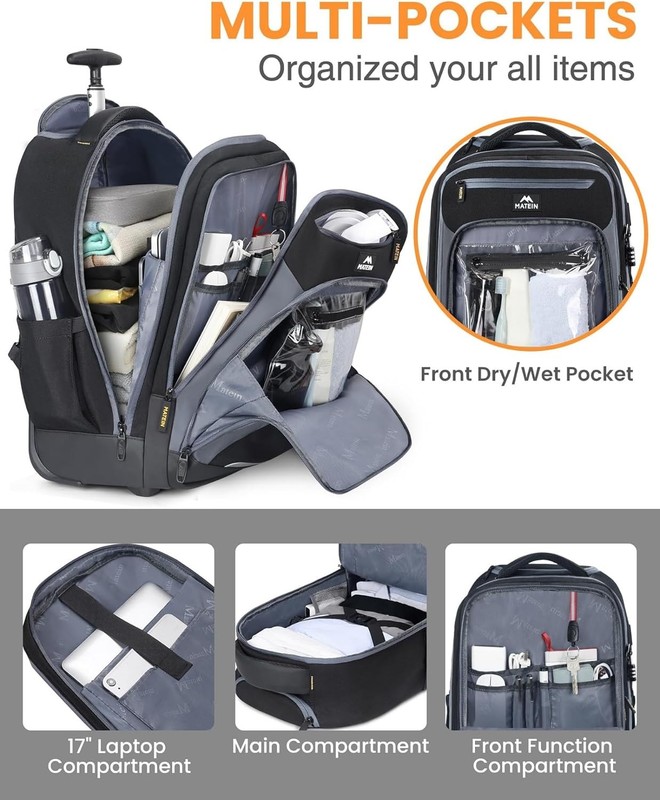 MATEIN Rolling Backpack with Wheels, Flight Approved Anti Theft Bookbag Travel gallery