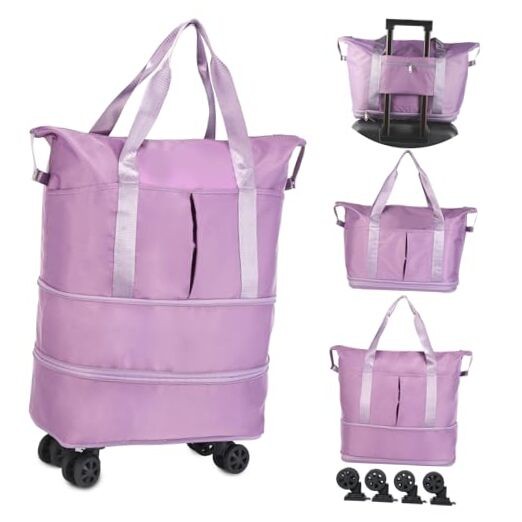 Rolling Duffle Bag with Wheels, Expandable Foldable Duffel Bag with Purple