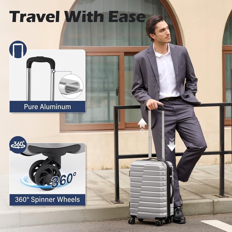 Durable 20 Inch Silver Carry On with TSA Lock, Four Spinner Wheels & Pockets gallery