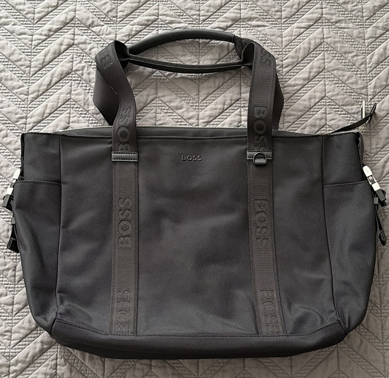 BOSS Black Solid Tote Bag with Zip Closure and Double Handles