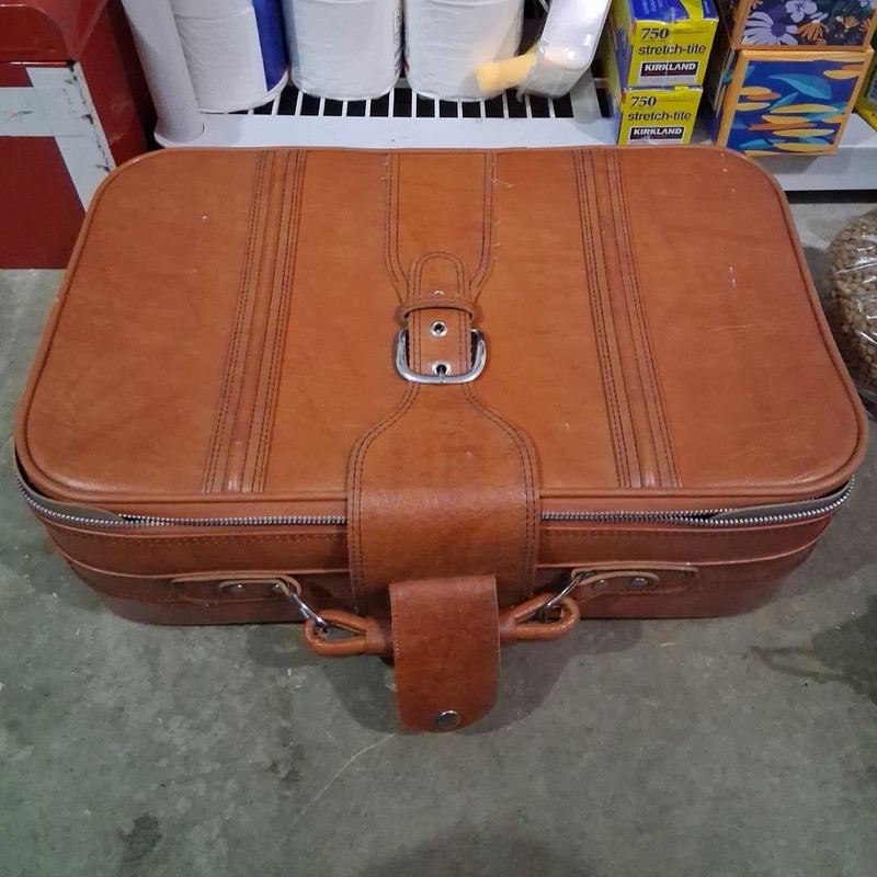 Brown Leather Hard Case Suitcase Solid Zip-Around Closure Unisex Adult