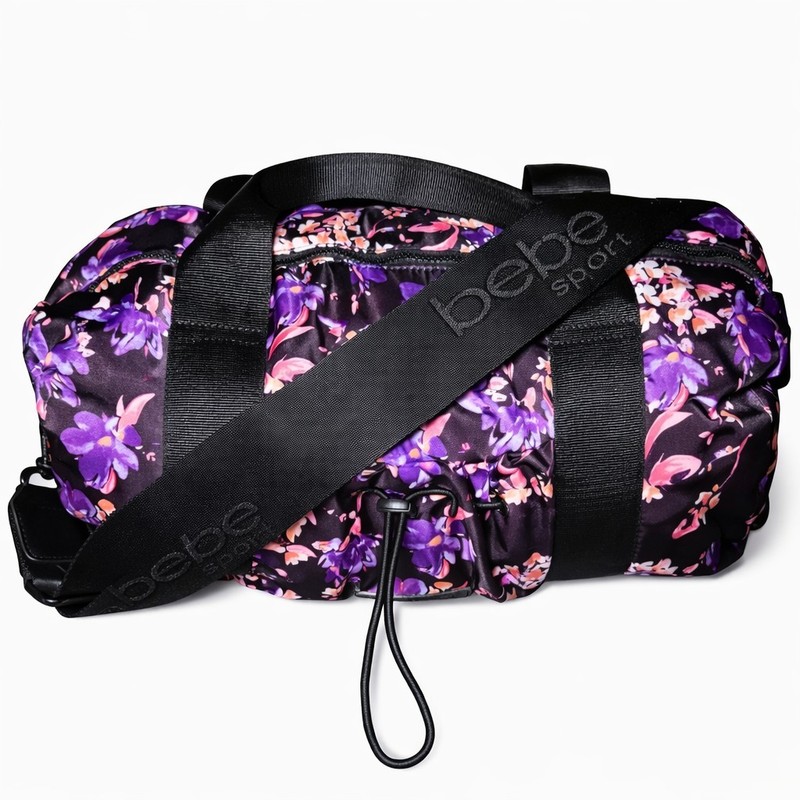 Bebe Sport Satin Floral Weekender Duffel Bag Y2K Purple Black Travel Gym