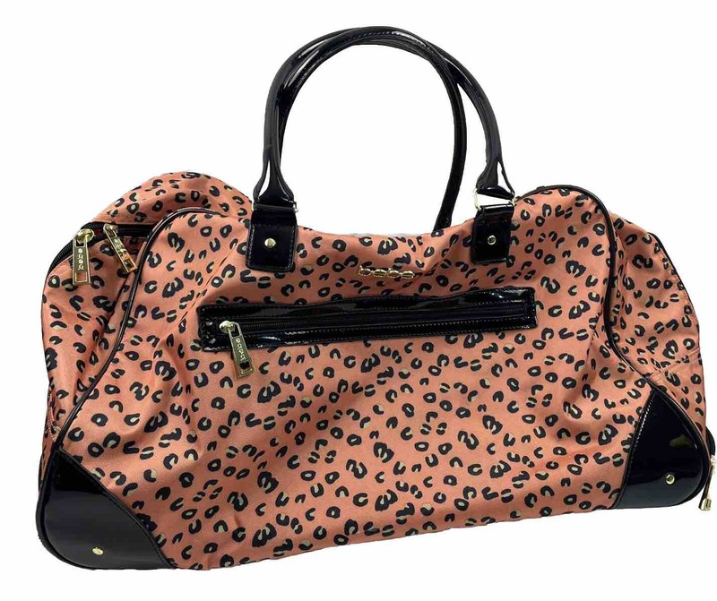 Bebe Weekender Overnight Peach Cheetah Rolling Duffle Bag Luggage Read