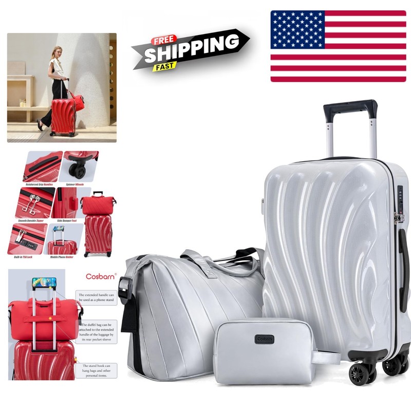 Lightweight ABS PC Suitcase Set with Phone Holder TSA Lock and 8 Spinner Wheels