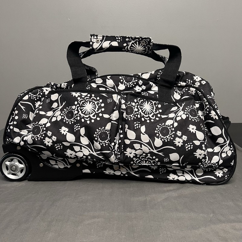Black And White Floral/Geometric Print Roller Duffle Bag 21x13x11”
