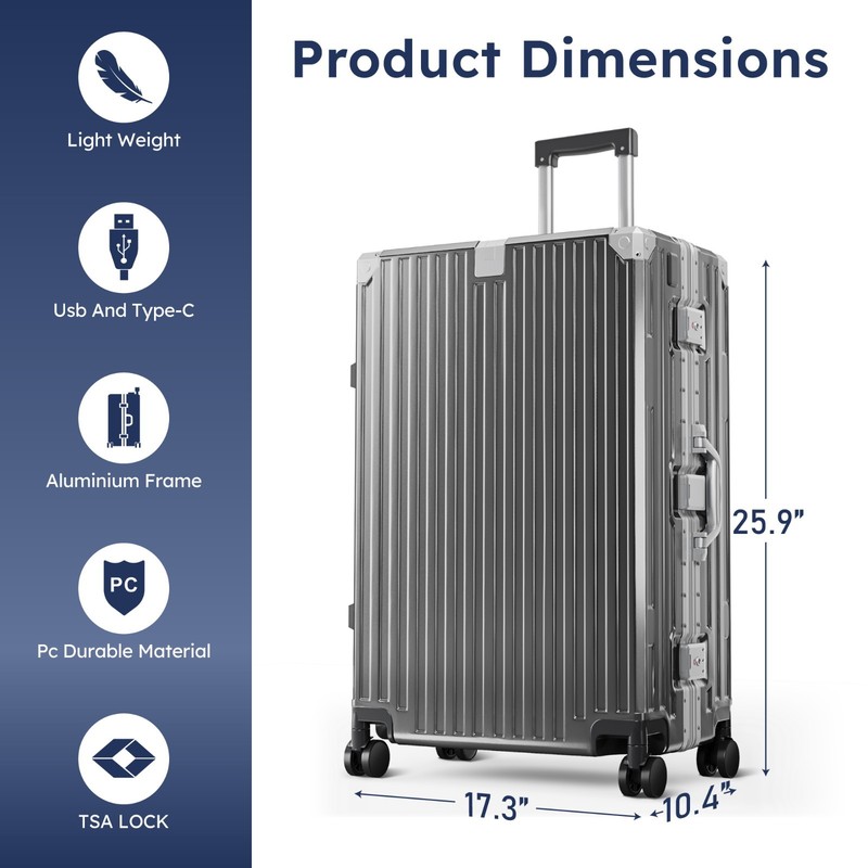 Aluminum Framed Travel Suitcase Carry-On Luggage w/ USB Port TSA Lock Hard Shell gallery