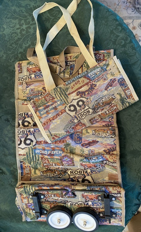 LOT OF 2 BAGS ROUTE 66 TAPESTRY FABRIC LUGGAGE Tote Bag & Rolling Tote Bag