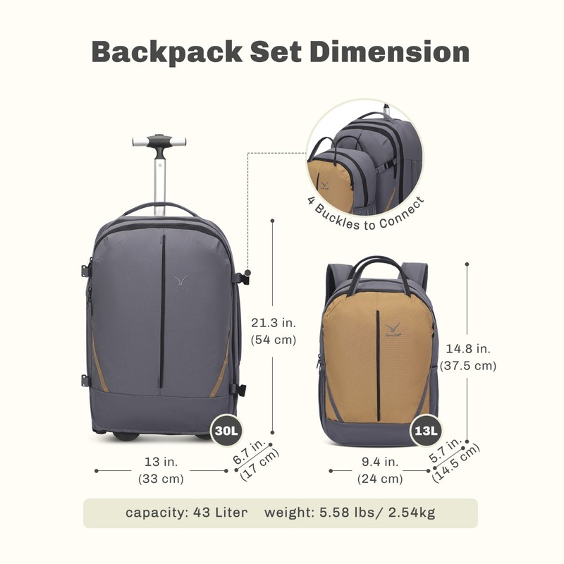Hynes Eagle 2 in 1 Travel Backpack Set Rolling Backpack with Wheels Carry on Bag gallery