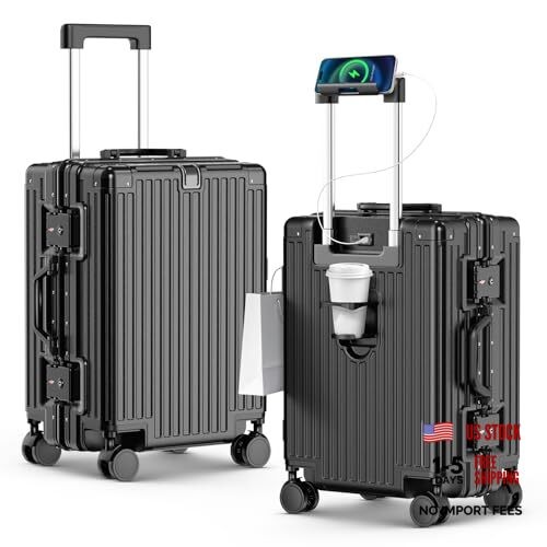 Checked Luggage with Cup Holder – Zipperless Aluminum Frame PC 24 Inch – Black