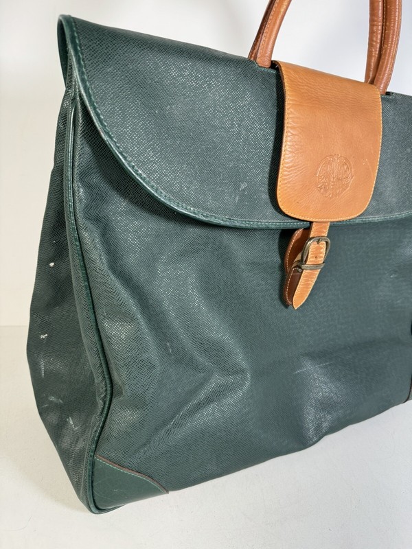 Source Perrier Collection Green & Tan Leather Luggage Tote Bag Carryon 19x15x7.5 gallery