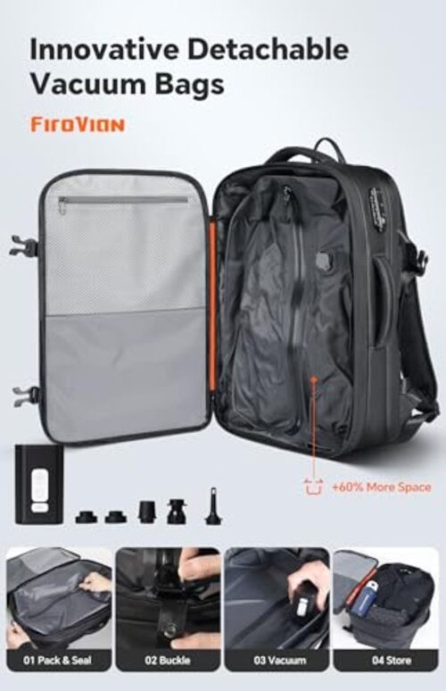Vacuum Backpack Travel, 70L Expandable Carry On Backpack With Compression Black gallery
