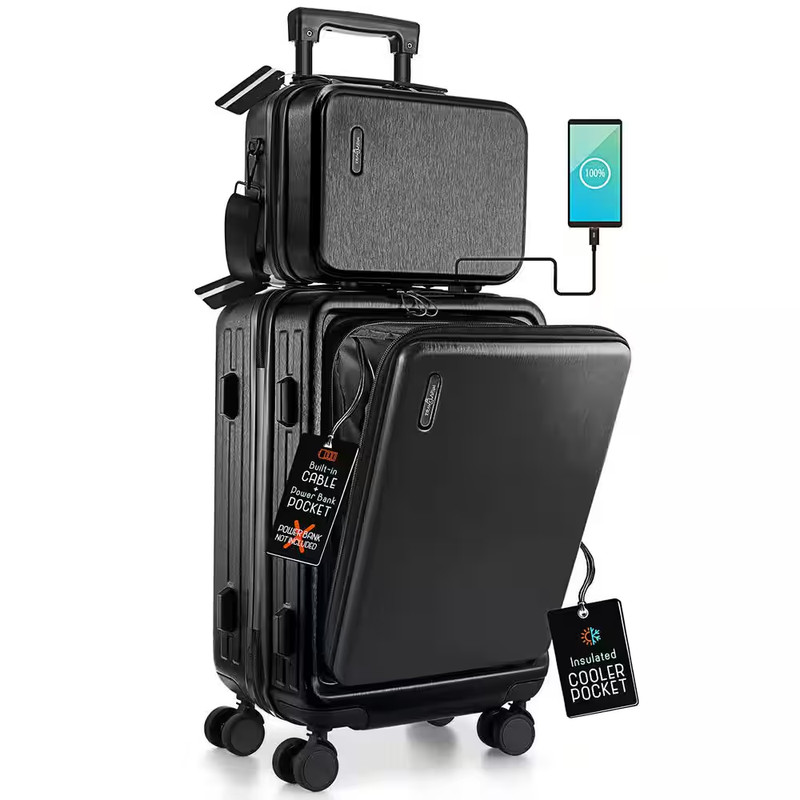 2-Piece Black Hard Carry-On Weekender Luggage Set Expandable Spinner Airline App