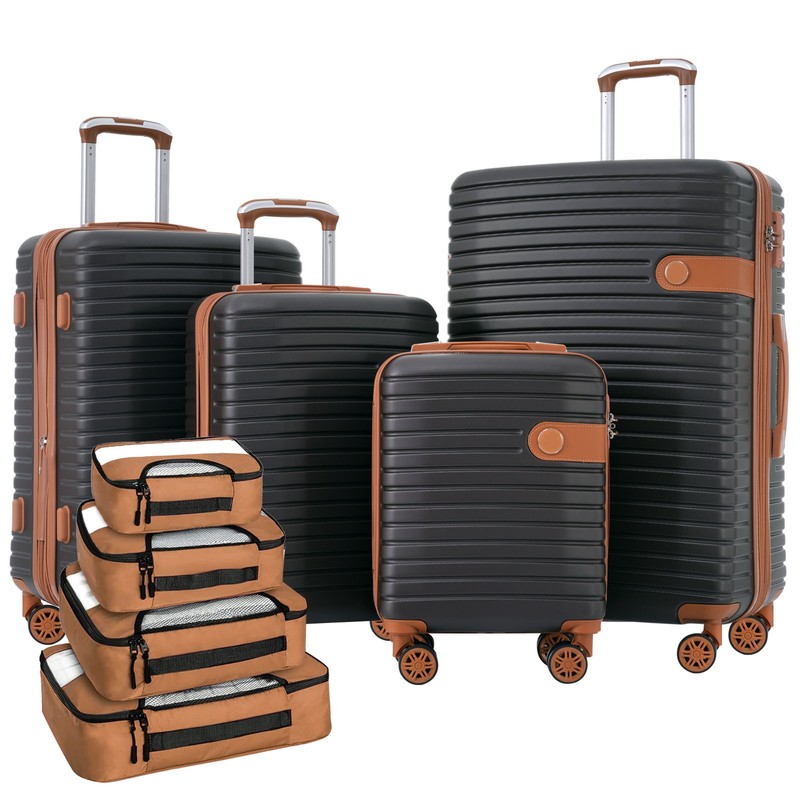 8pcs Hardcase Luggage Spinner Suitcase Set 16″ 20″ 24″ 28″ TSA w/ Packing Cubes