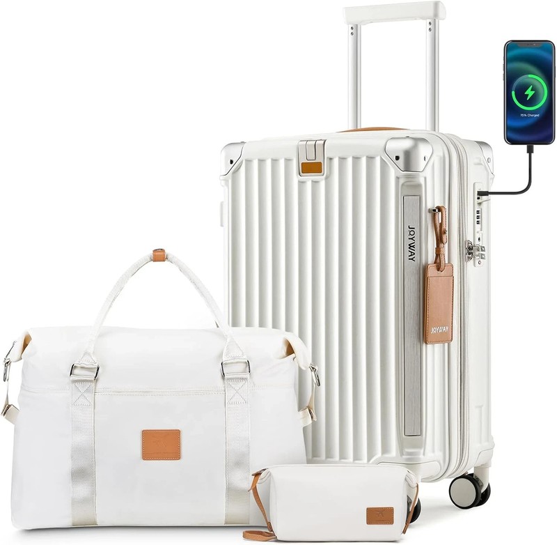 Expandable 20" Carry-On Luggage Set with USB Port & Cup Holder - White