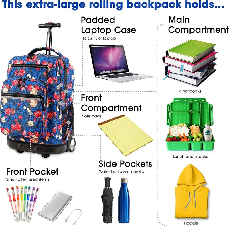 Durable J World 20 Inch Roller Backpack with Laptop Compartment - Vintage Rose gallery