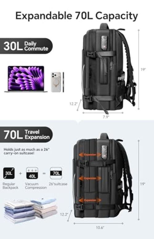 Vacuum Backpack Travel, 70L Expandable Carry On Backpack With Compression Black gallery