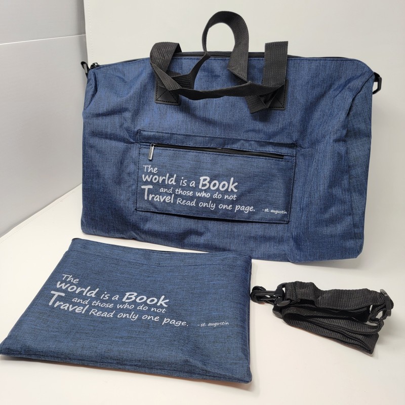 “The World is a Book & Those Who Do Not Travel…” Blue 17″ Packable Duffle Bag