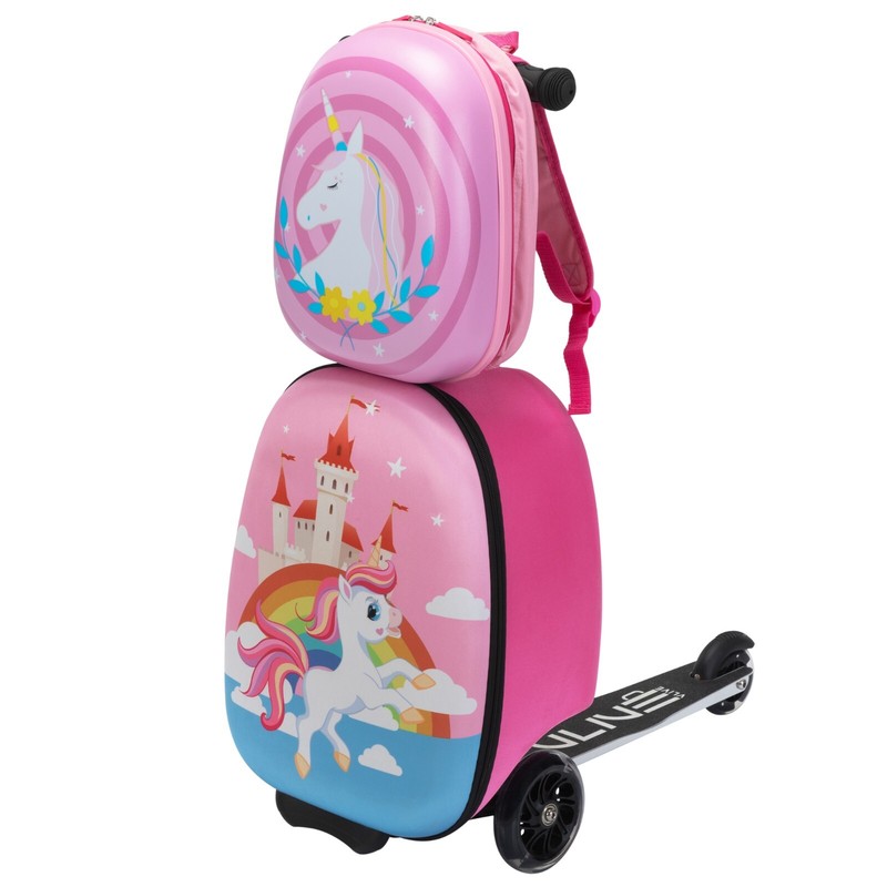 VLIVE Kids Ride on Suitcase Scooter Luggage with LED Lights and Unicorn Patterns