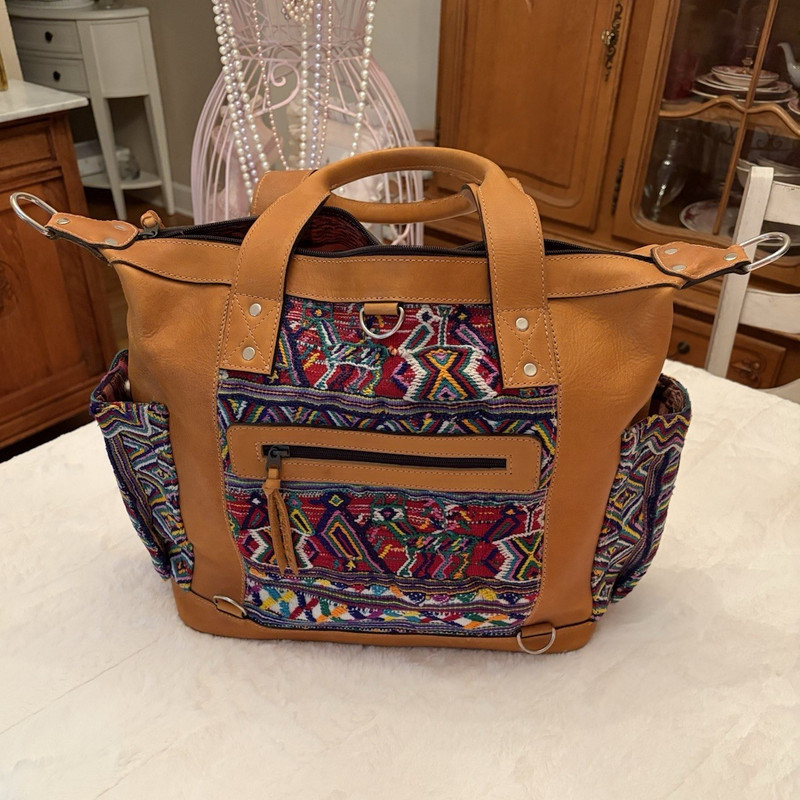 Large Leather Geometric Purse Brown/Multicolor Adjustable Detachable Strap