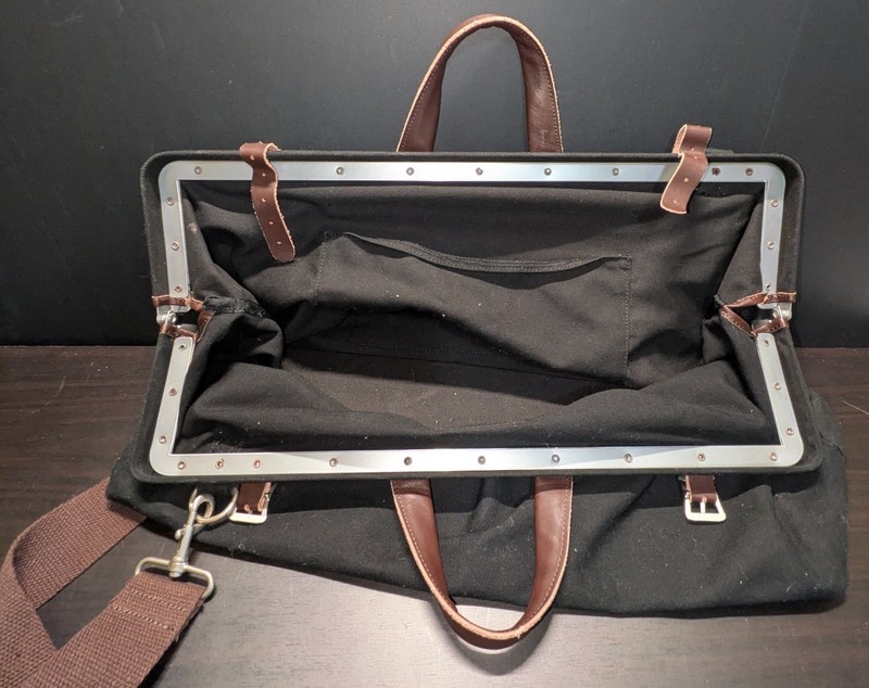 Large Canvas Stonemason Style Weekender Bag Metal Frame Leather Handles gallery