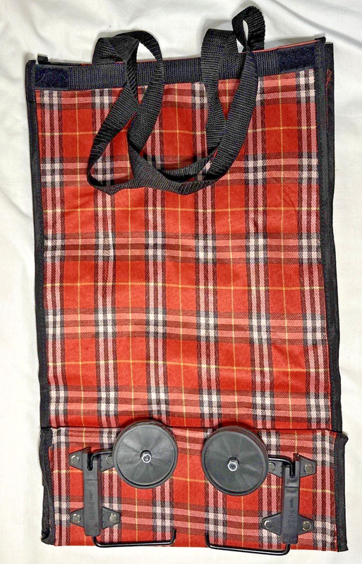 Plaid Foldable Roller Bag Vinyl Wheels Red White Black 20″ T x 12″ W Lightweight