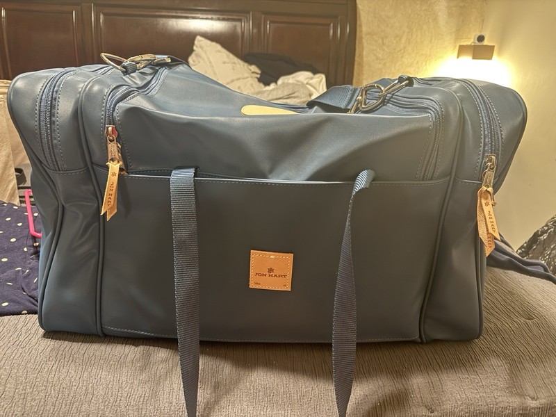 Jon Hart Design Medium Square Duffle Bag Blue with Brown Leather, 21″x12″