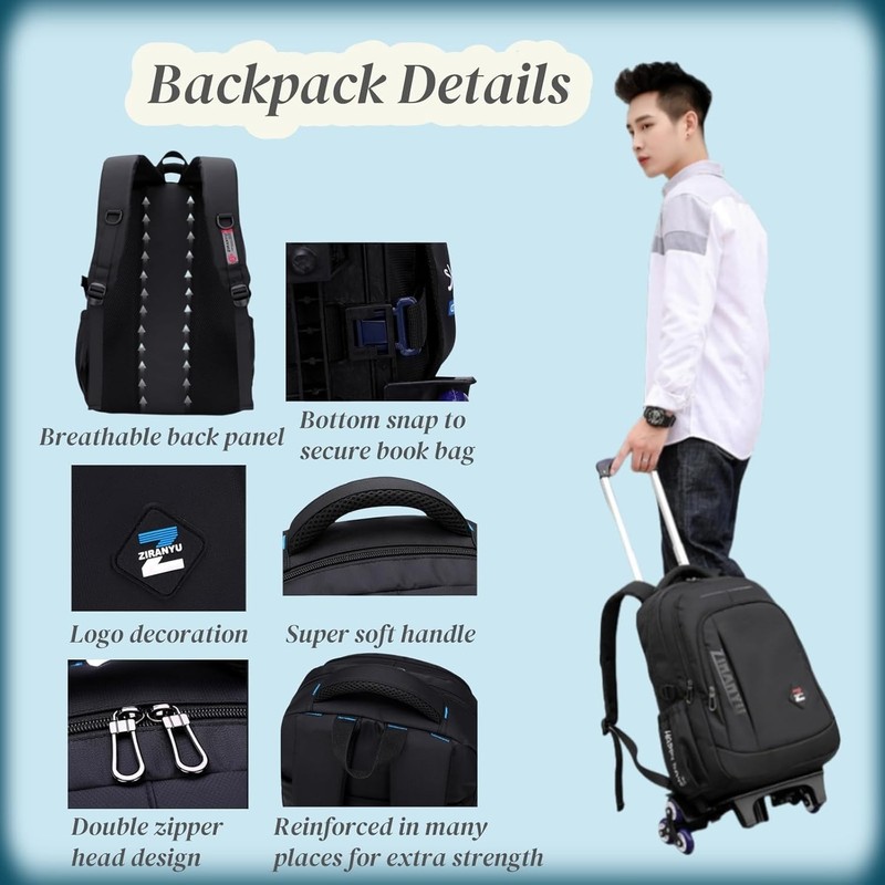 Luggage Rolling Backpack With Double Wheels Shoulder Straps Pocket Organizer 17l gallery