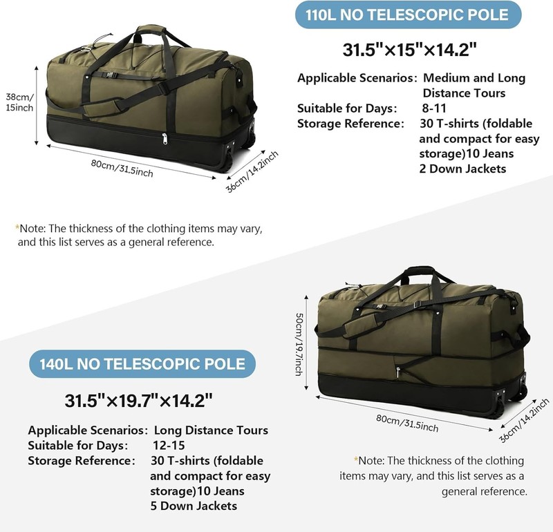 Rolling Duffle Bag Expandable Soft-Sided 110L/140L 32” 2 Rubber Wheels Green gallery