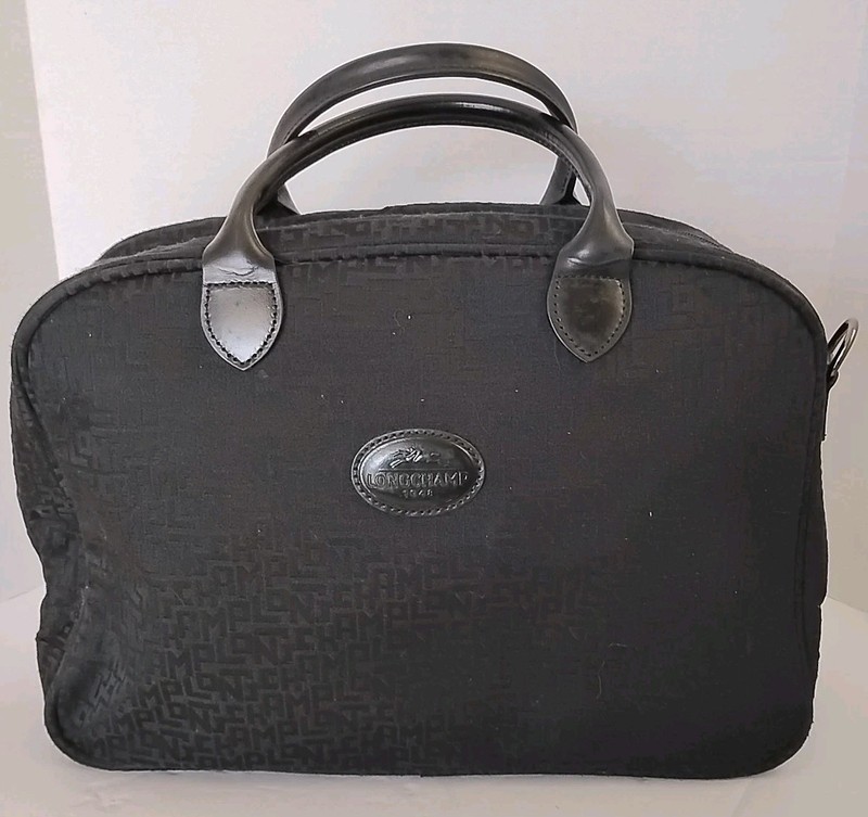 Vtg Longchamp Monogram Travel Carry on Tote Bag Leather Handles Interior Flaws