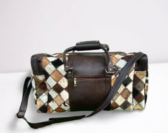 Western Style Cowhide Duffle Patchwork Design Leather Travel Luggage Bag