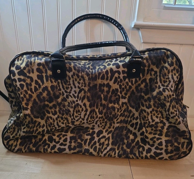 bebe 22" Black Leopard Print Rolling Duffel Bag Luggage Collapsable Handle gallery