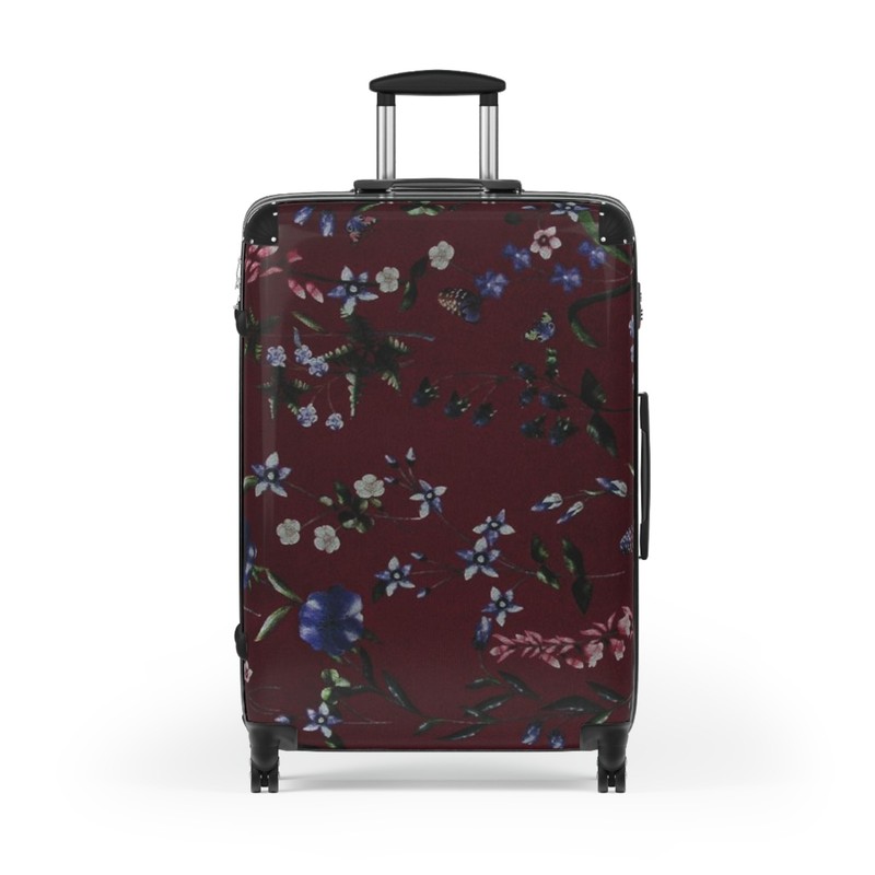 Burgundy Floral Pattern Suitcase | Rolling Luggage| Built-in lock| Durable