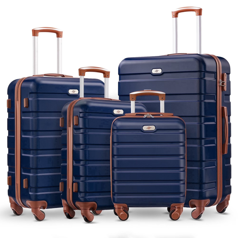 4 Piece Luggage Set Hardside Spinner Suitcase 16 20 24 28 Inch Navy Blue Tan