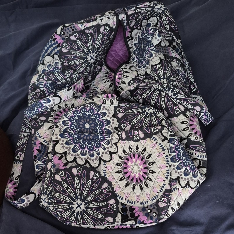 Quilted Abstract Pattern Duffle Bag Purple Zipper Closure Inner Pockets