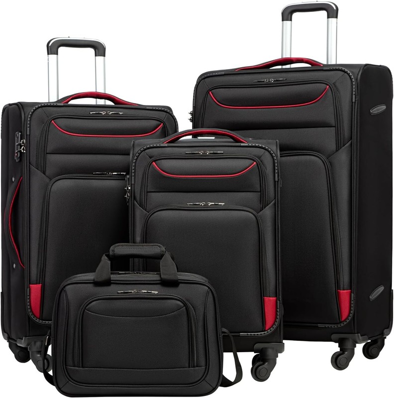 Luggage 4 Piece Set Suitcase TSA Lock Spinner Softshell lightweight (black+red)
