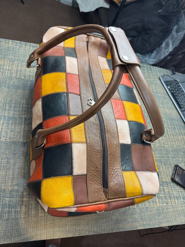 Unique Genuine Leather Patchwork Duffle Bag Vintage Style Travel Weekender Bag gallery