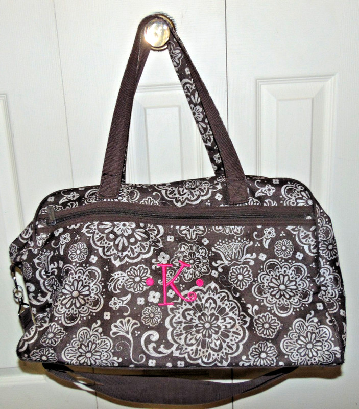 Thirty-one Brown White Floral Polyester Canvas Duffle Bag Luggage “K’ Monogram