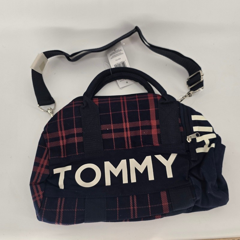Tommy Hilfiger Mini Duffle Bag Navy Red Plaid Canvas Logo M86913589 467 NWT gallery